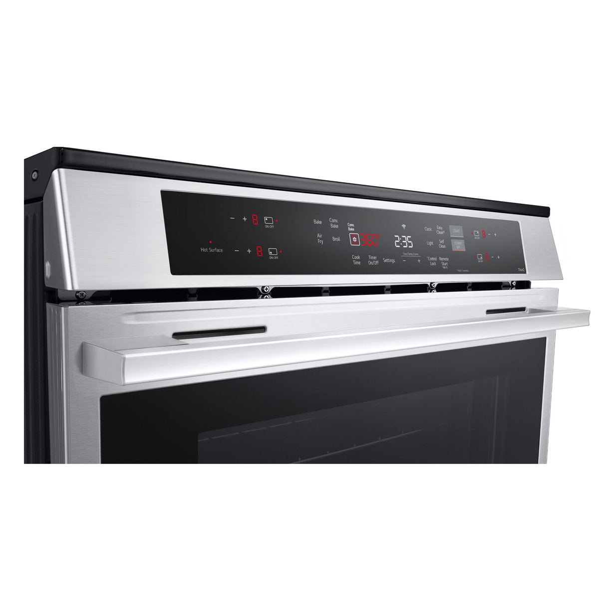 Close-up of LG smart induction range front touch control panel with digital display and ThinQ controls