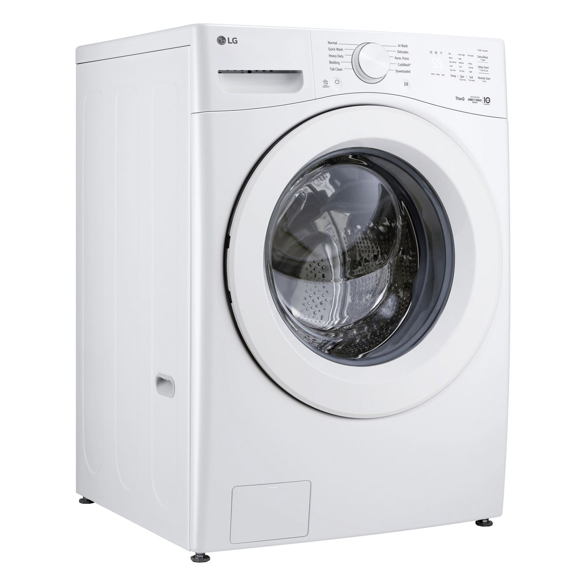 LG white front load washer angled three-quarter view showing side cabinet