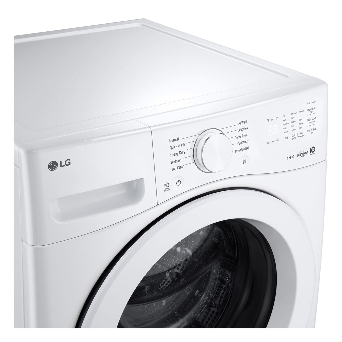 Close-up of LG white front load washer control panel dial and digital display