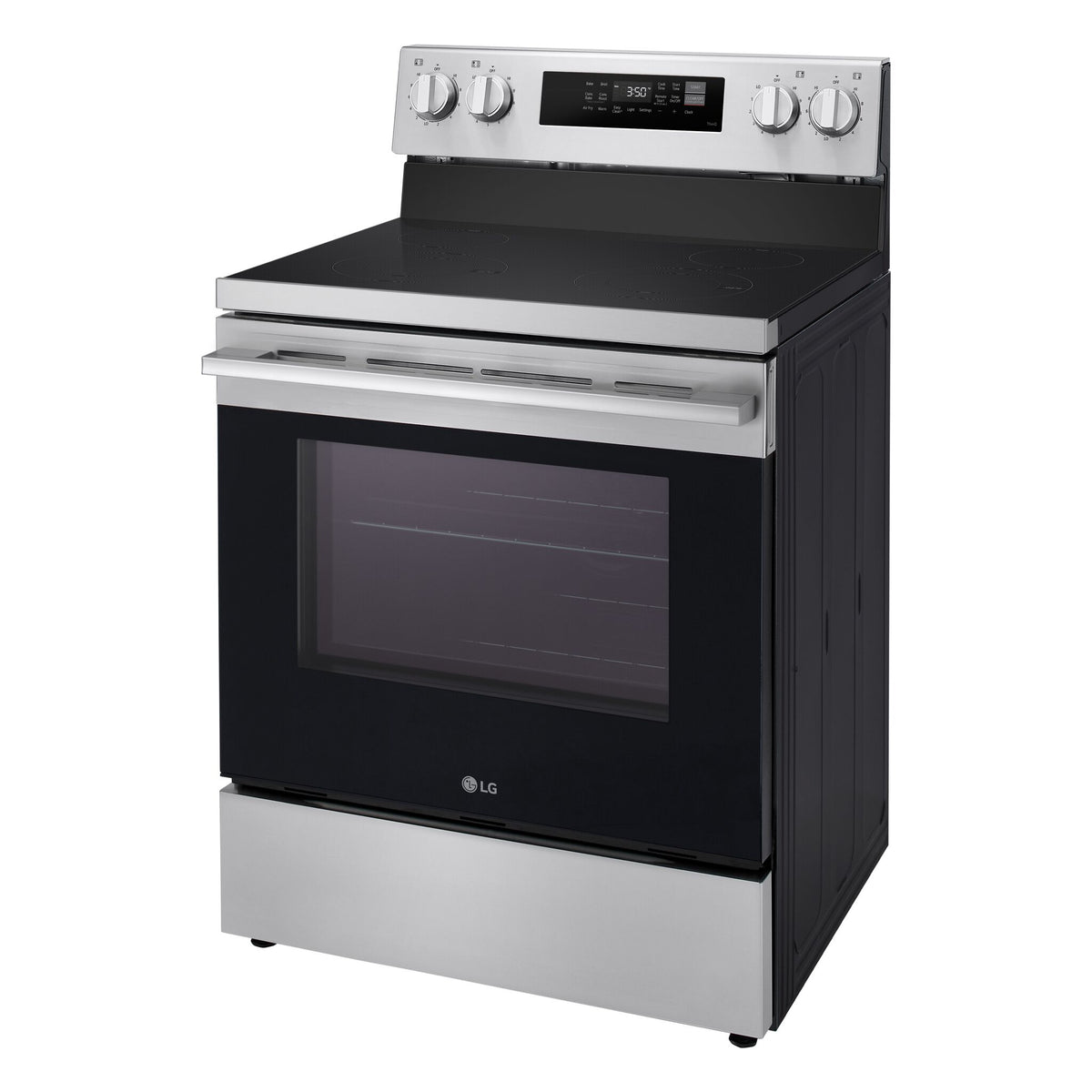 LG stainless steel electric freestanding range with black glass cooktop and large oven window