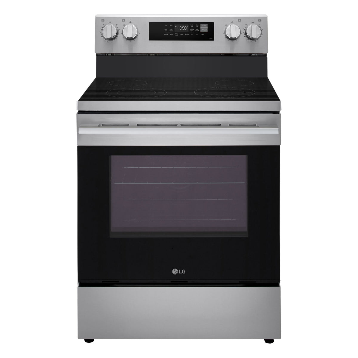 Front view of LG stainless steel electric freestanding range with smooth black cooktop and digital controls