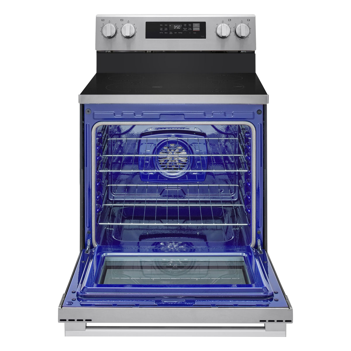 LG electric freestanding range with oven door open, showing blue oven interior, racks and convection fan