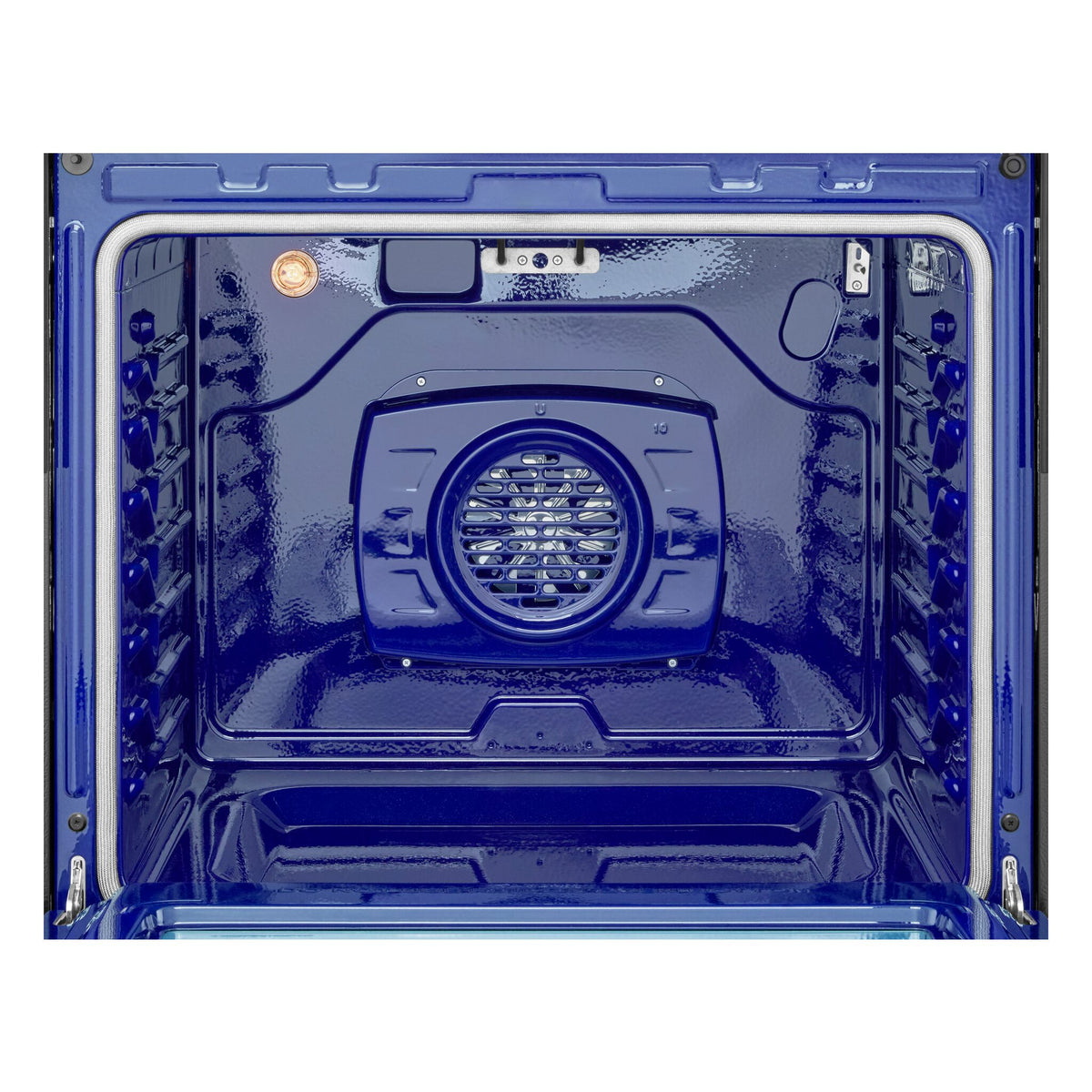 Close-up of LG electric range blue oven interior showing rear convection fan and rack positions
