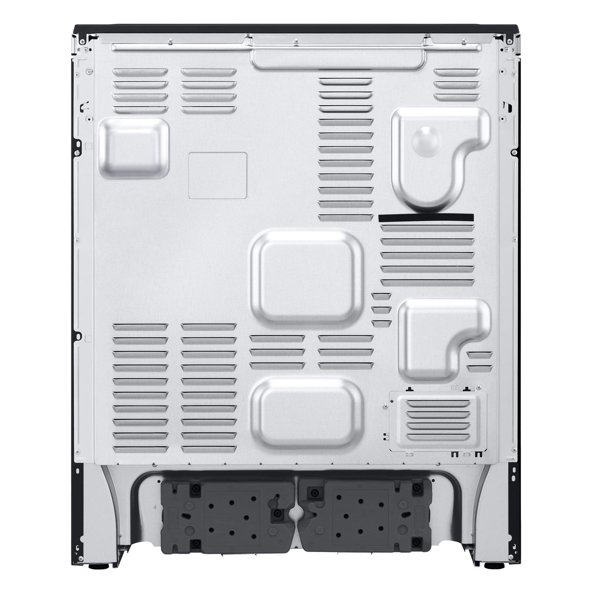 Rear view of LG induction slide-in range showing silver metal back panel, ventilation openings and lower connection area