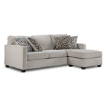 Laila reversible sofa chaise in beige polyester with transitional styling, patterned pillows and right-side chaise