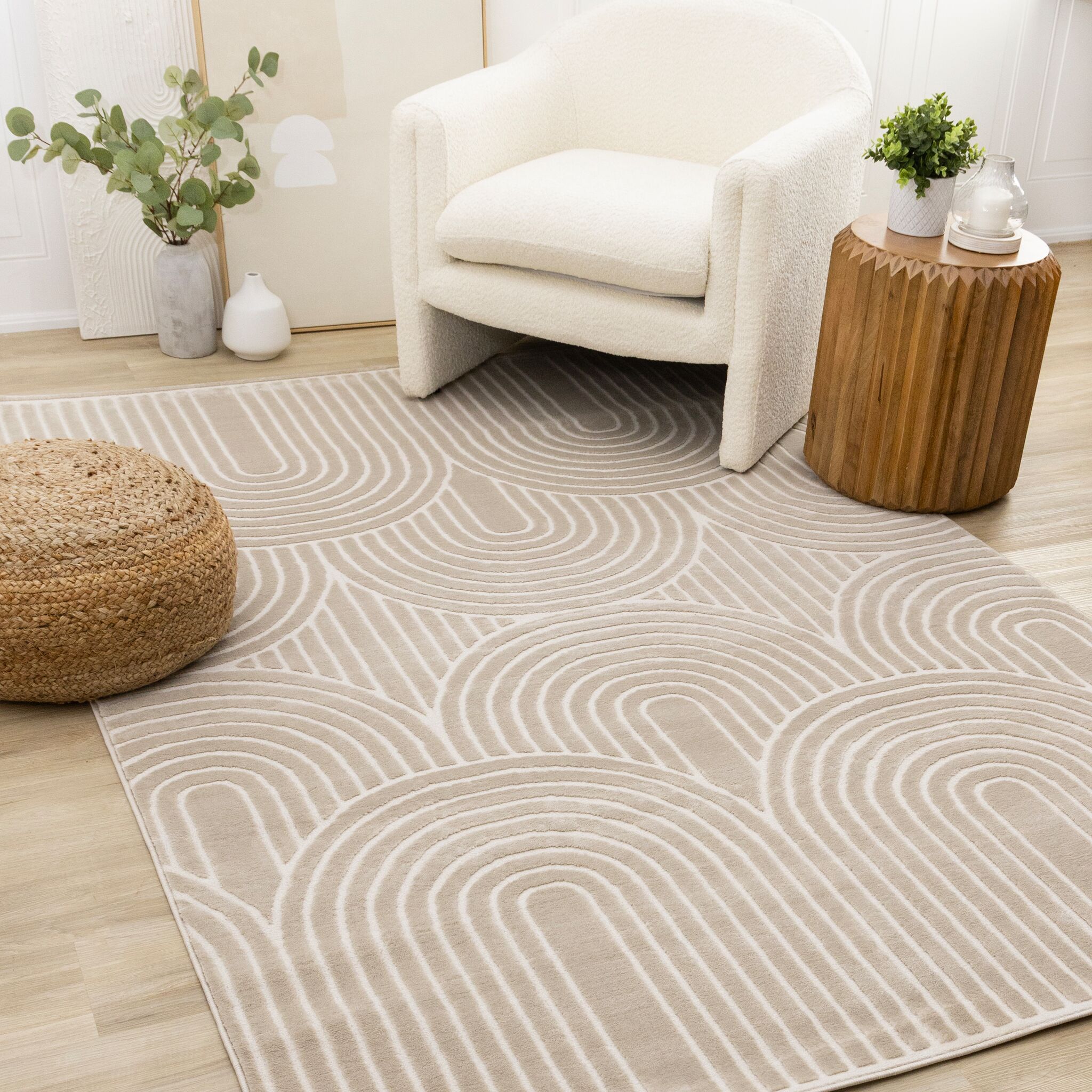 Sculpted Dunes 6'7" x 9'6" Modern Geometric Arches Pattern Area Rug - Cream, Beige