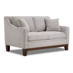 Lucerne grey loveseat with two seat cushions, track arms, solid wood legs and angled front view
