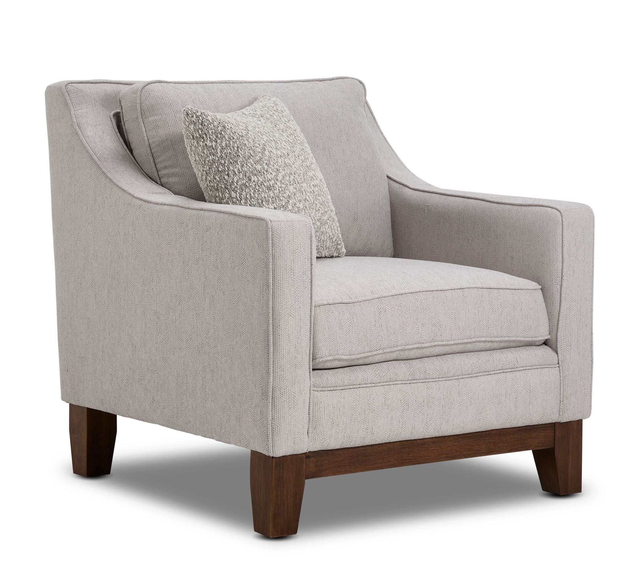Lucerne grey chair with single seat cushion, track arms, solid wood legs and angled front view