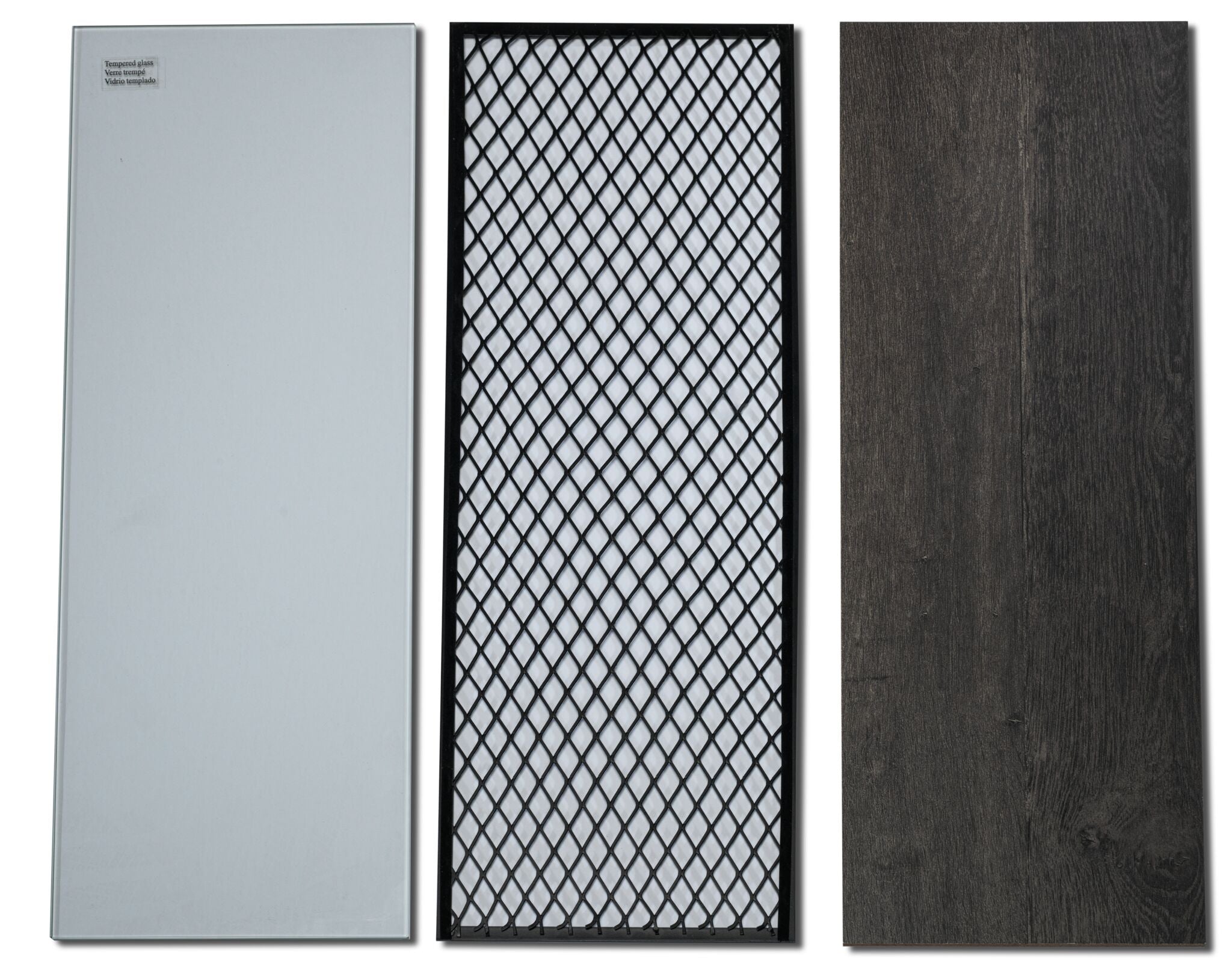 Millbrook Fireplace TV Stand door panel options shown in tempered glass, black diamond mesh and Fawn Aged Oak wood finishes