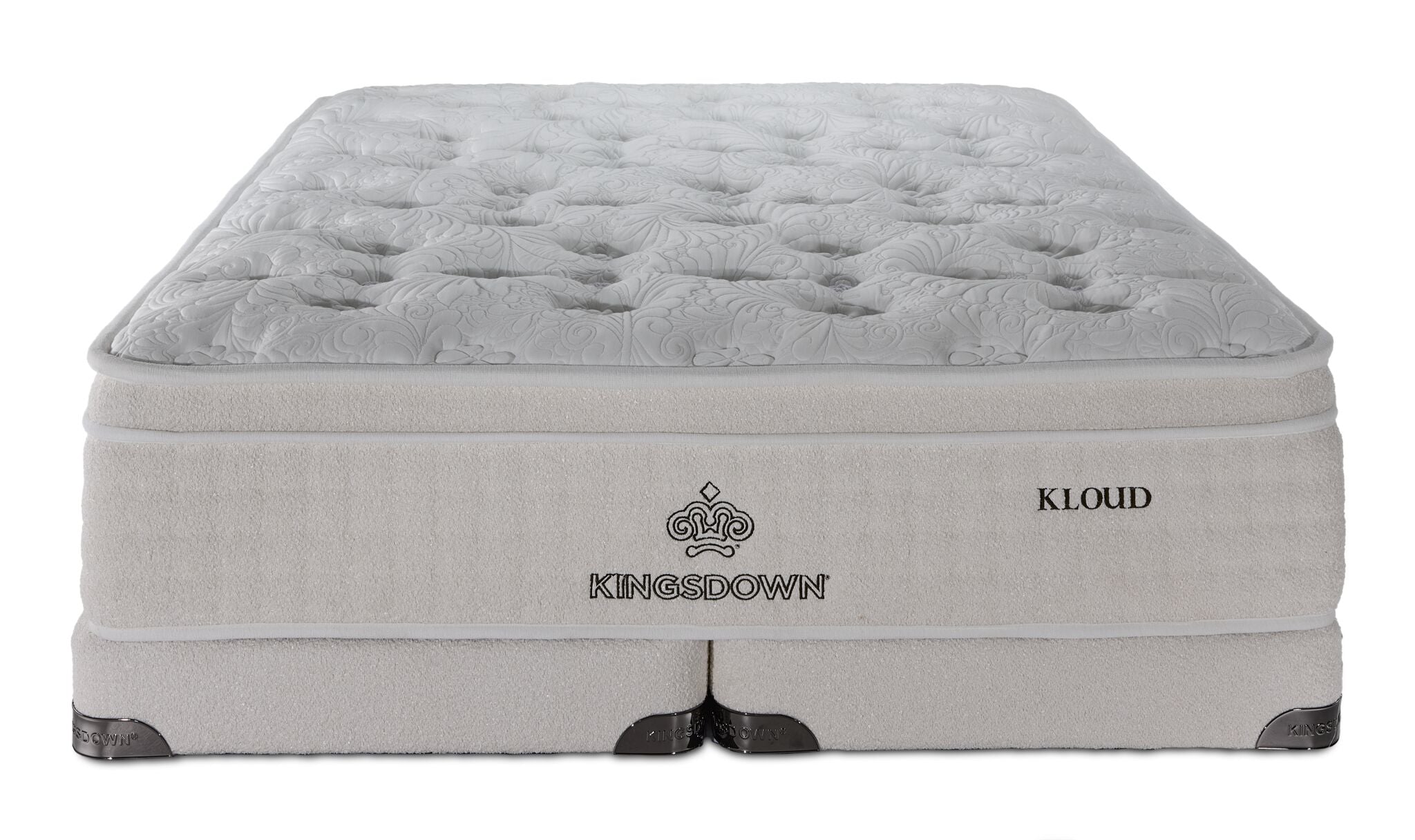 Front view of Kingsdown Mist Medium Euro Top queen mattress with two cream split low-profile boxsprings