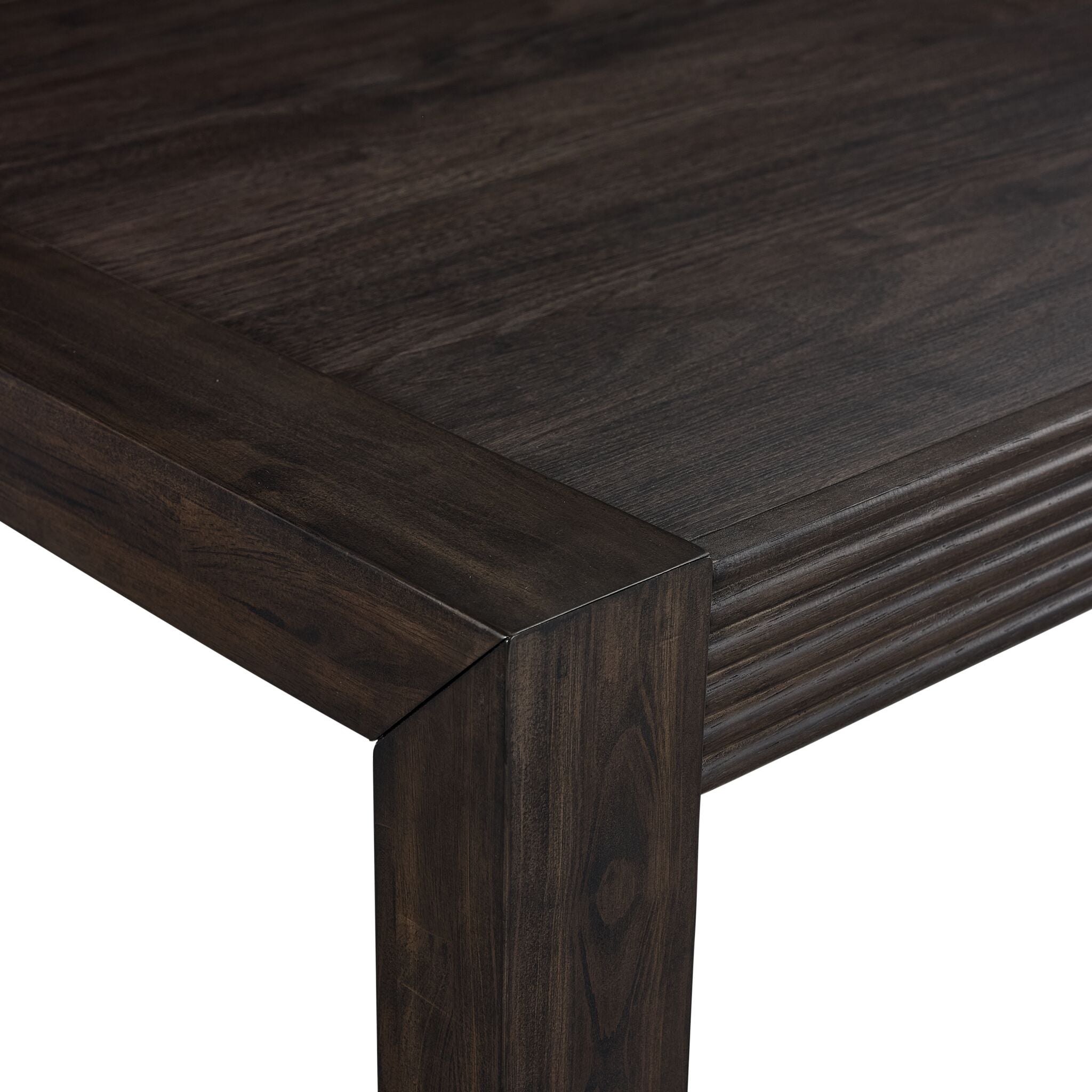 Modern Edge desk close-up showing dark grey finish, desktop edge and picture frame moulding