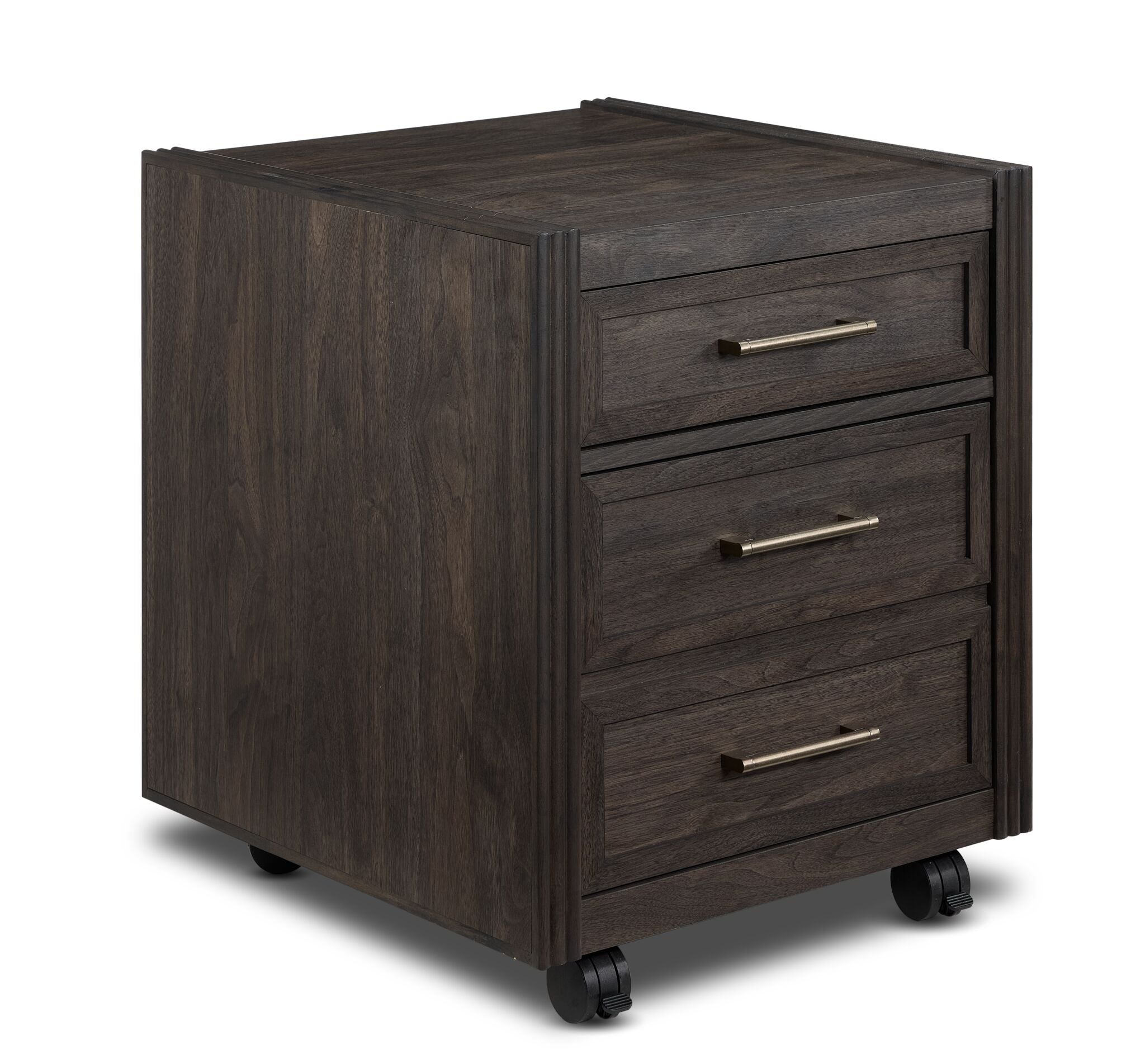 Modern Edge dark grey filing cabinet with locking file drawer, satin wash pull and front view