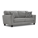 Moncton light grey sofa with two seat cushions, flared arms, dark tapered legs and angled front view