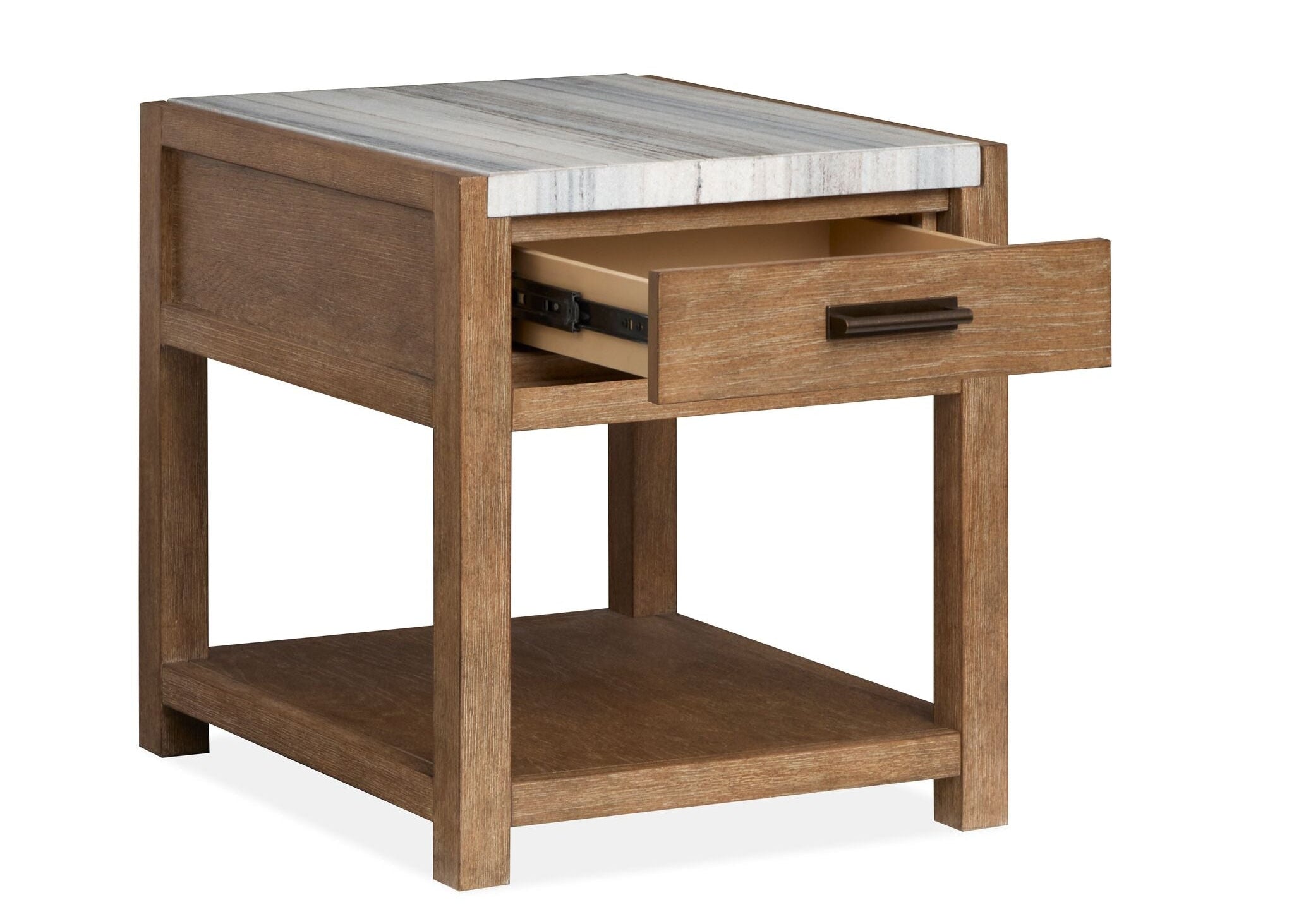 Plum Creek end table detail view showing Sierra Brown wood grain, drawer front and oil-rubbed bronze hardware