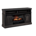 Preston 59.75" Fireplace TV Stand in charcoal with glowing fireplace, sliding barn doors and open media shelves