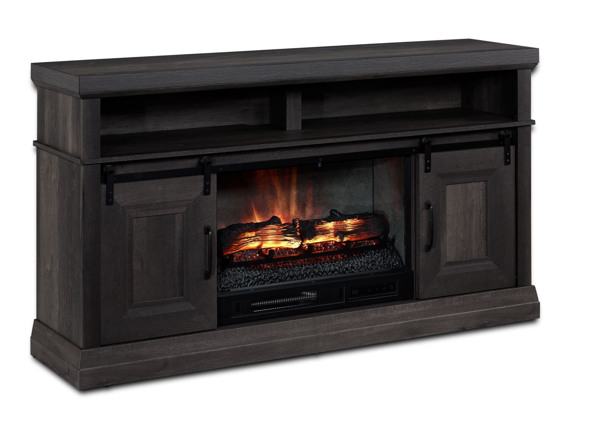 Preston 59.75" Fireplace TV Stand in charcoal with glowing fireplace, sliding barn doors and open media shelves