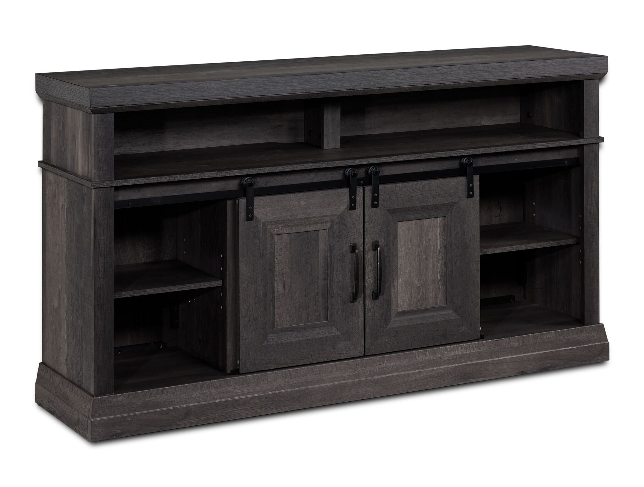 Preston 59.75" Fireplace TV Stand in charcoal with sliding barn doors closed over the fireplace and side shelving exposed