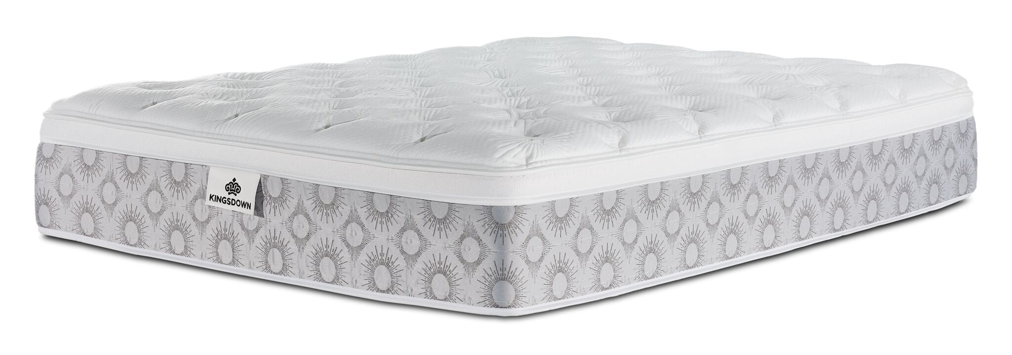 Kingsdown Quinlan Plush Euro Top Full XL mattress with a white tufted top and grey patterned sides