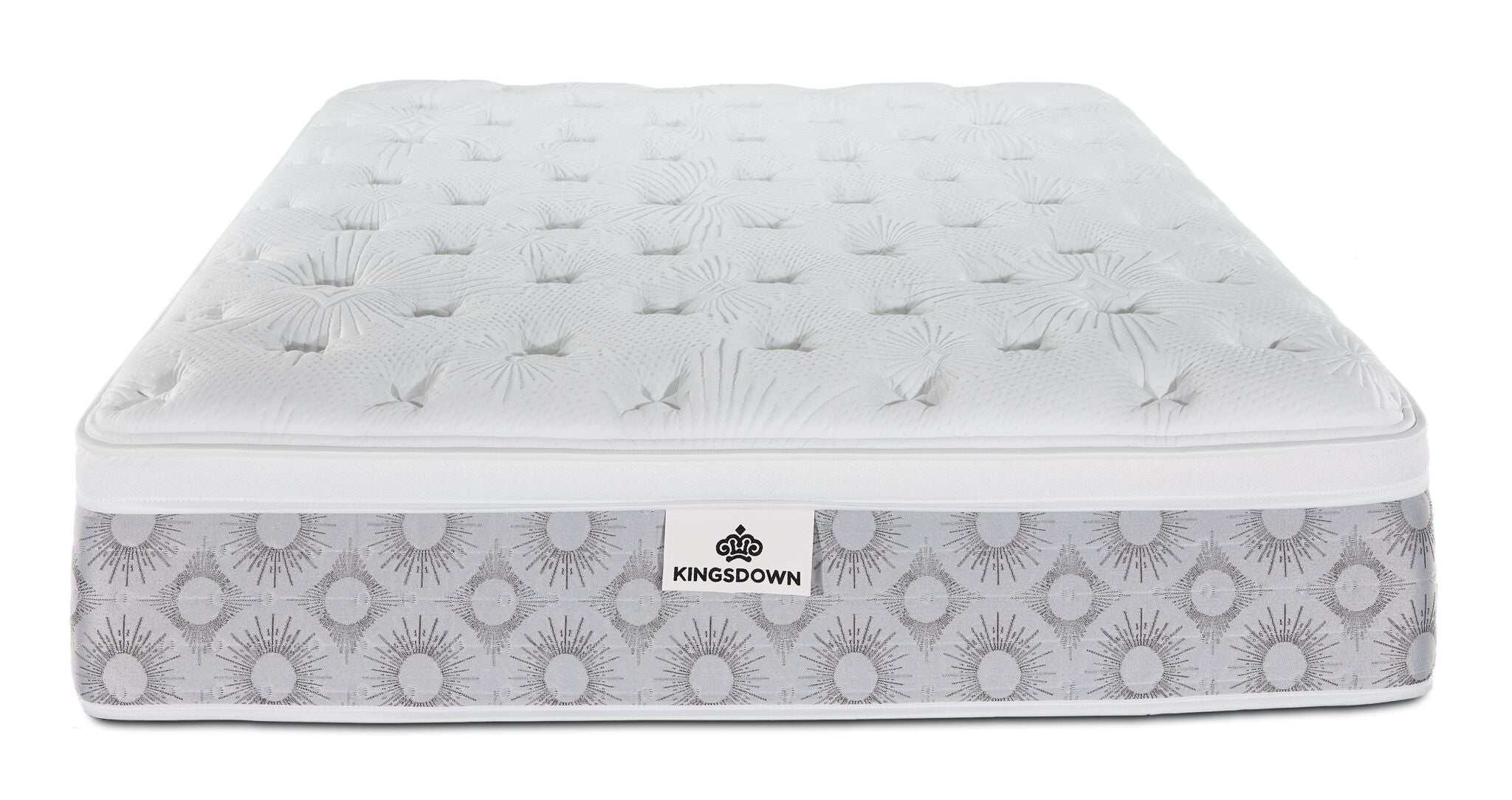 Front view of the Kingsdown Quinlan Plush Euro Top twin mattress showing its tufted surface and patterned border