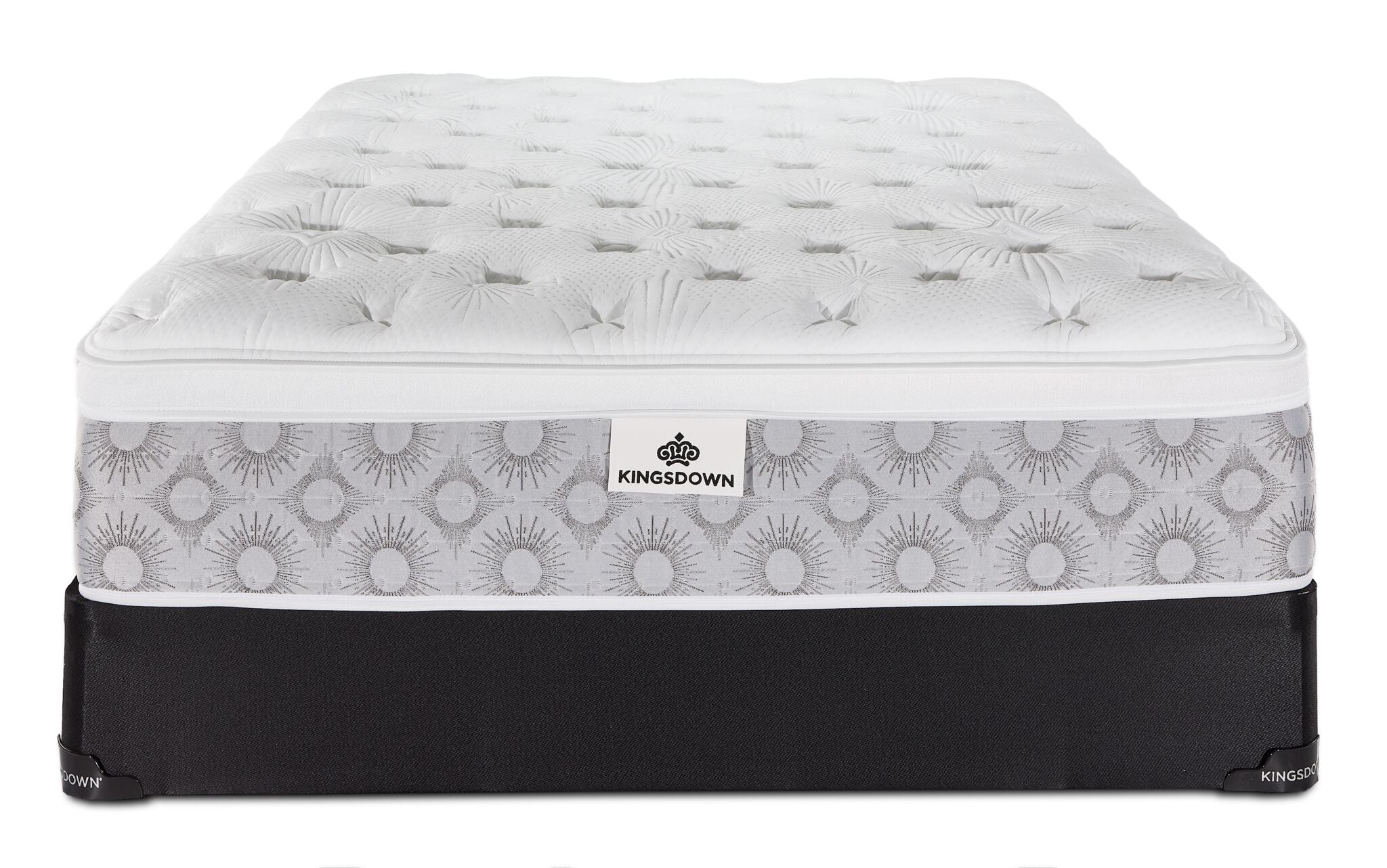 Front view of the Kingsdown Quinlan Plush Euro Top full mattress and black boxspring set