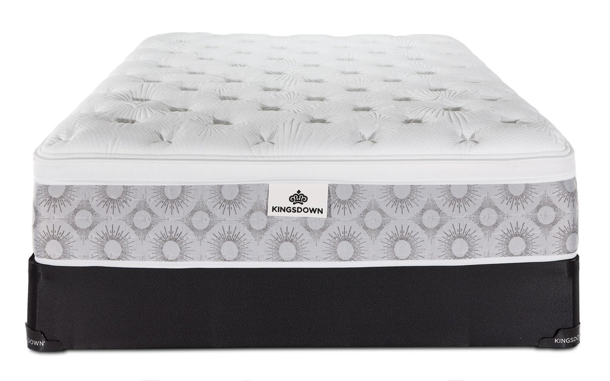 Front view of the Kingsdown Quinlan Plush Euro Top twin XL mattress and black boxspring set