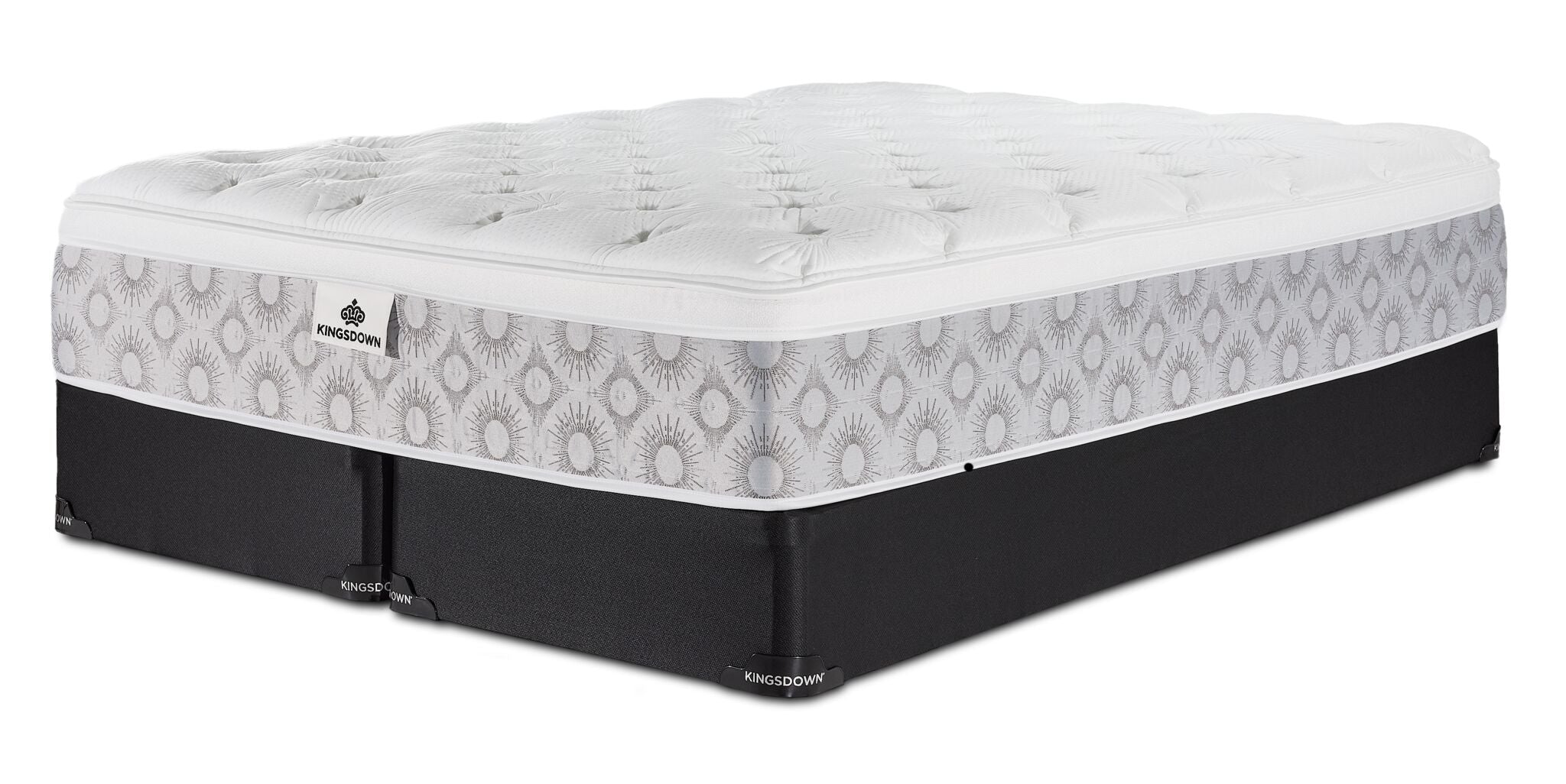 Kingsdown Quinlan Plush Euro Top queen mattress with two black split boxsprings, shown at an angle