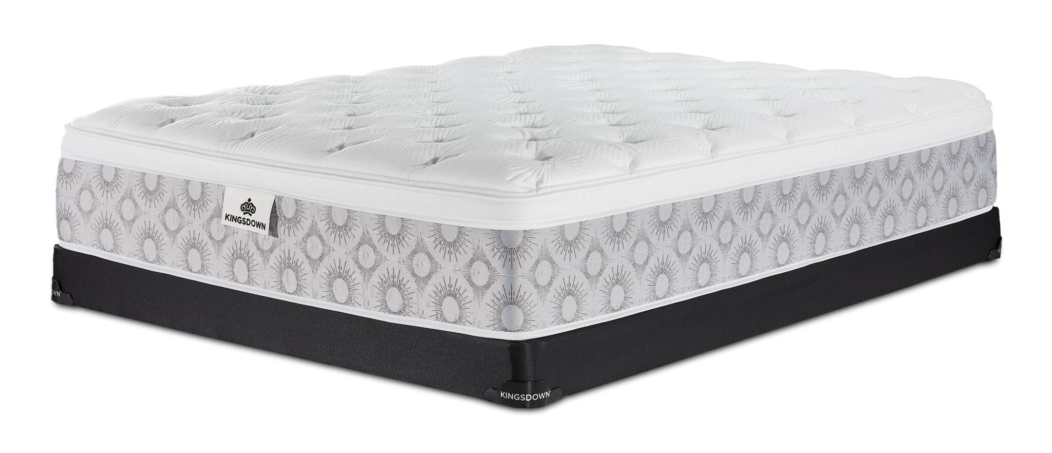 Kingsdown Quinlan Plush Euro Top queen mattress and black low-profile boxspring set, shown at an angle