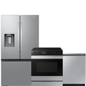 Samsung Fingerprint Resistant Stainless Kitchen Package with French Door Refrigerator, Slide-In Range & Built-In Dishwasher