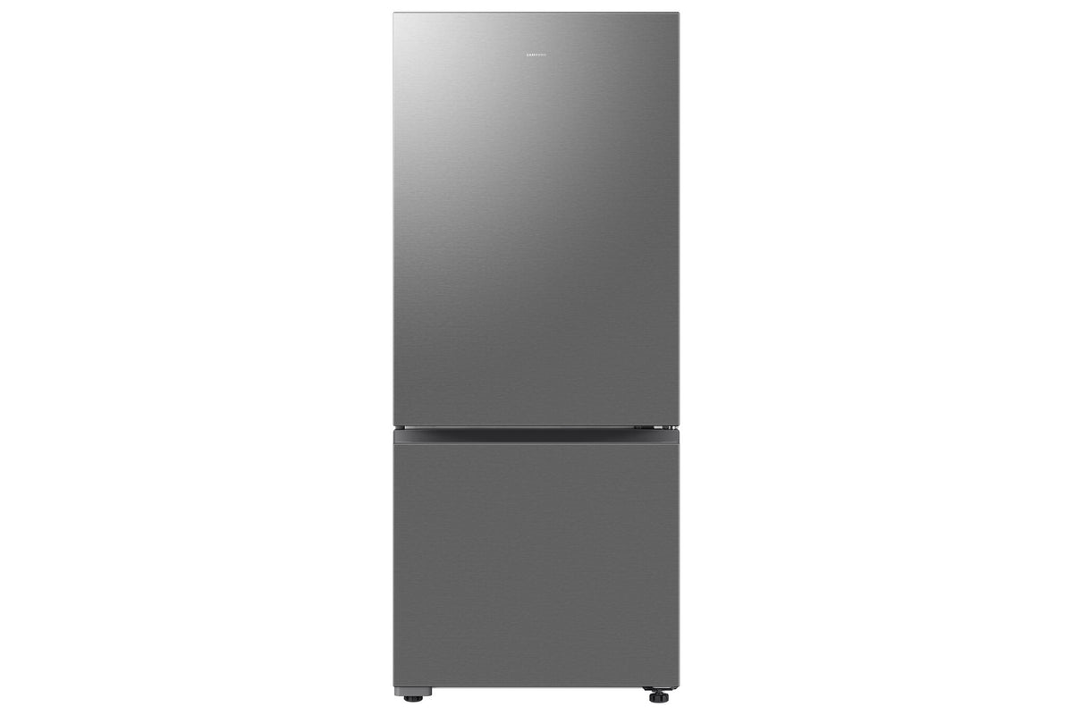 Samsung 28" 15.0 Cu. Ft. stainless steel counter-depth bottom mount refrigerator front view with flat doors
