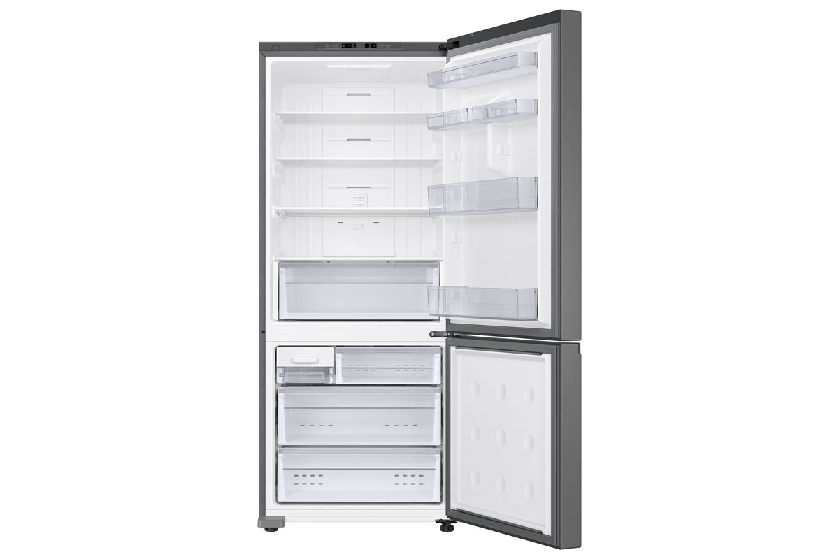 Samsung 28" bottom mount refrigerator open view showing glass shelves, door bins, crisper drawer and freezer drawers