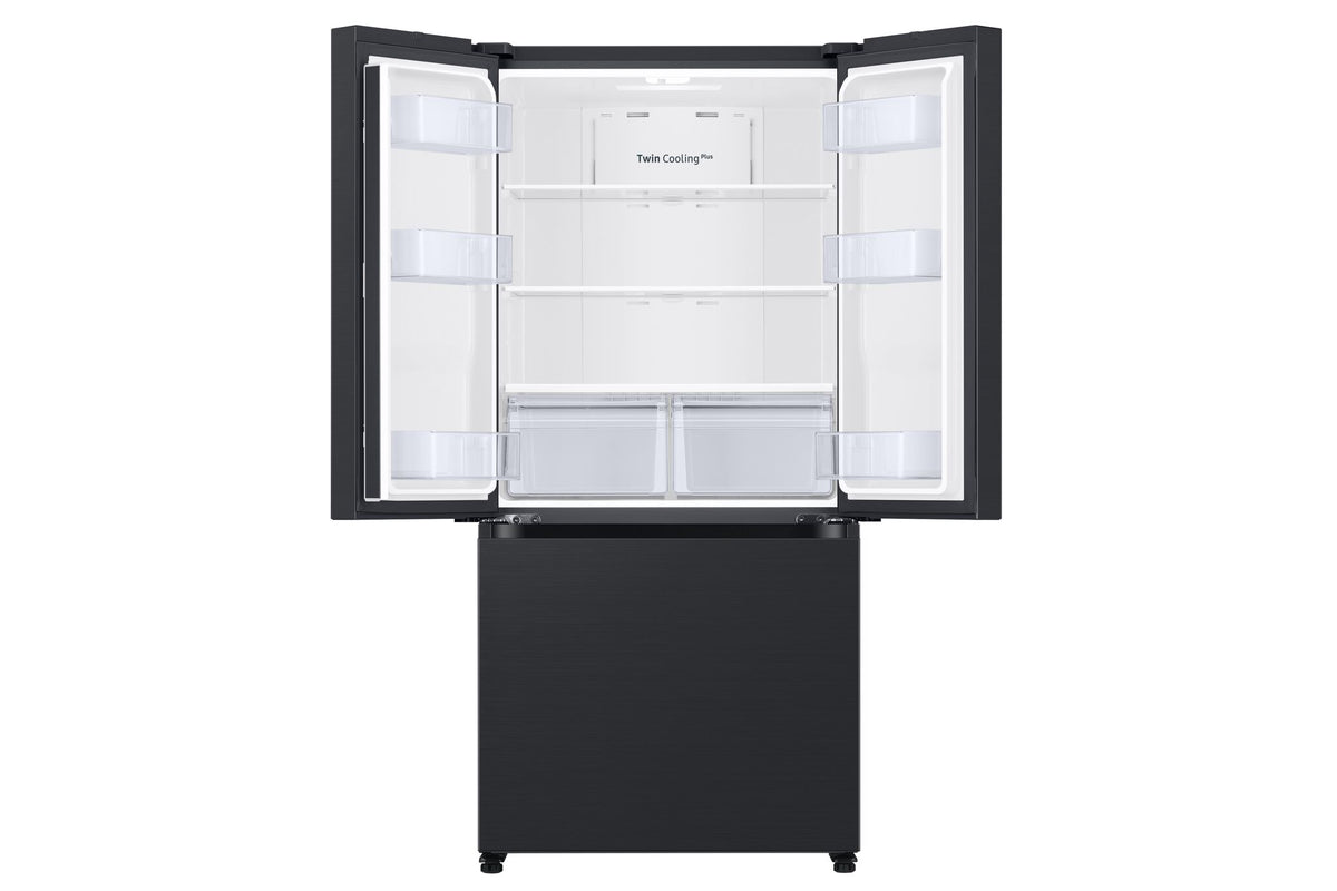Samsung 33" French door refrigerator open view showing glass shelves, door bins and two crisper drawers