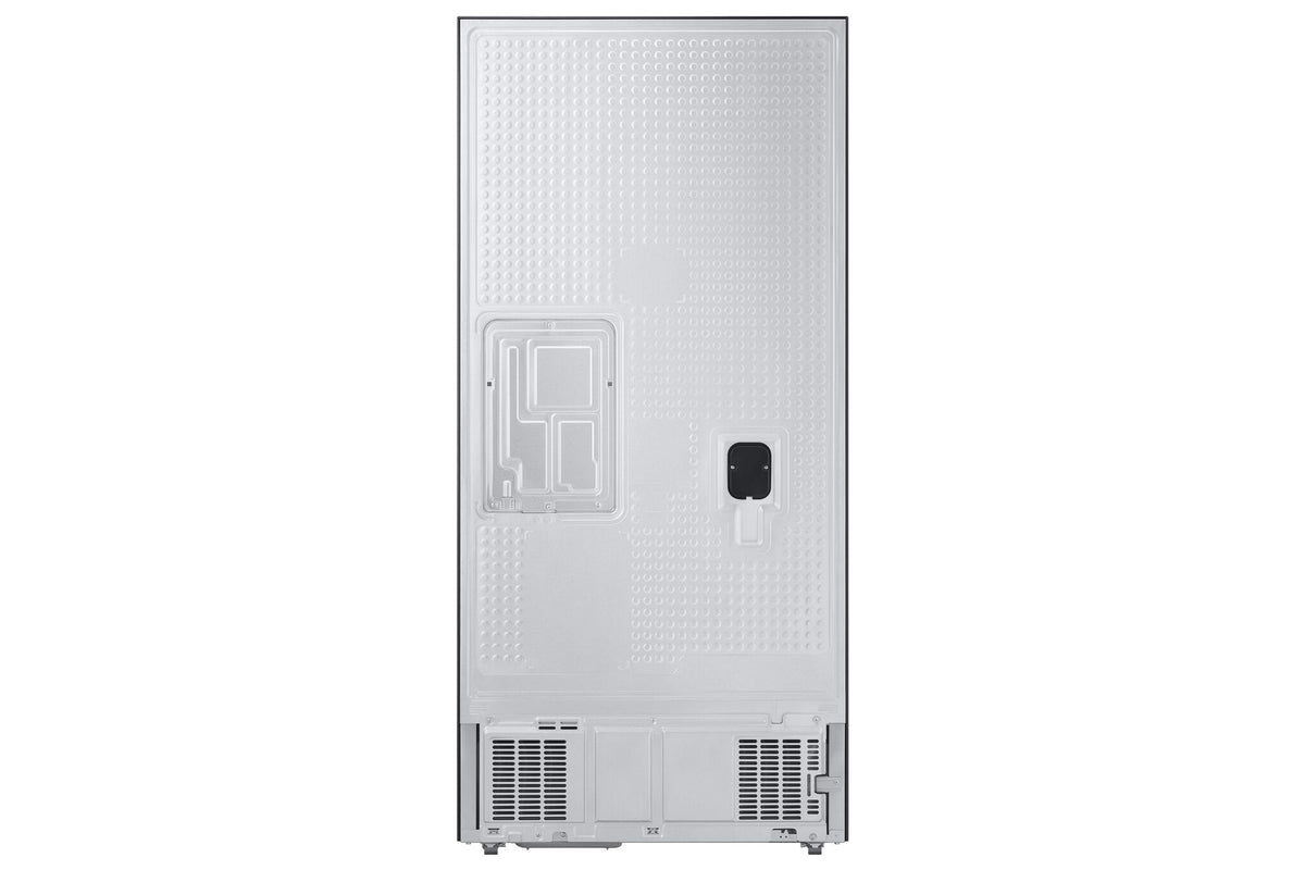Rear view of Samsung 33" matte black French door refrigerator showing back panel, vents and lower components