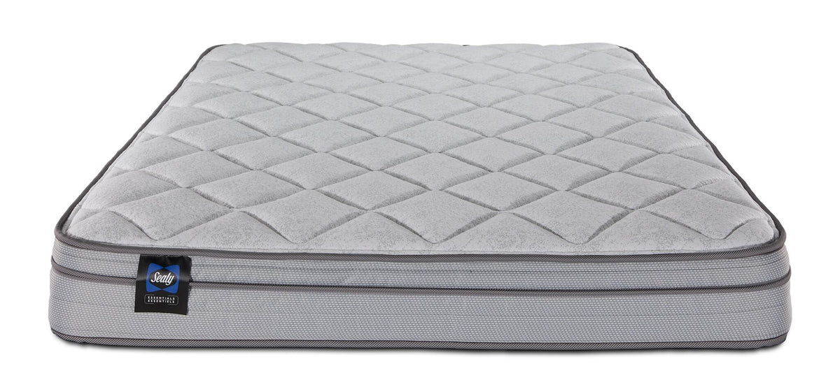 Front view of Sealy Essentials Kairo Medium Euro Top Twin XL mattress with quilted top and Sealy label