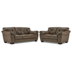 Sloan II chocolate leather sofa and loveseat set with wide cushioned arms and contemporary style