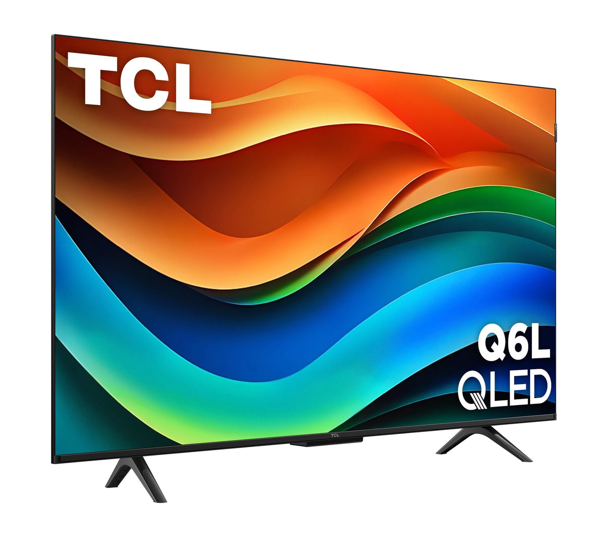 Angled view of TCL 43-inch QLED 4K Smart TV on stand legs