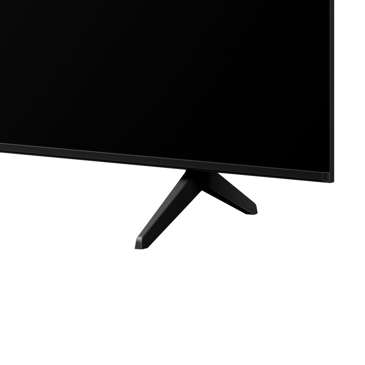 Close-up of the TCL 75-inch M8L Series Mini-LED Smart TV showing the slim black lower bezel and angled support foot