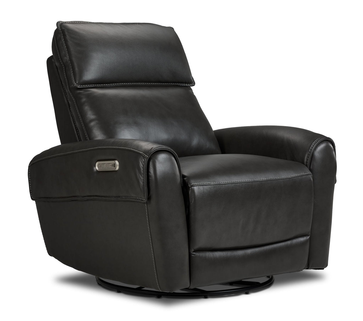 Theo Leather Dual Power Rocker Recliner - Charcoal shown at an angle with plush back cushioning, padded arms and circular rocker base