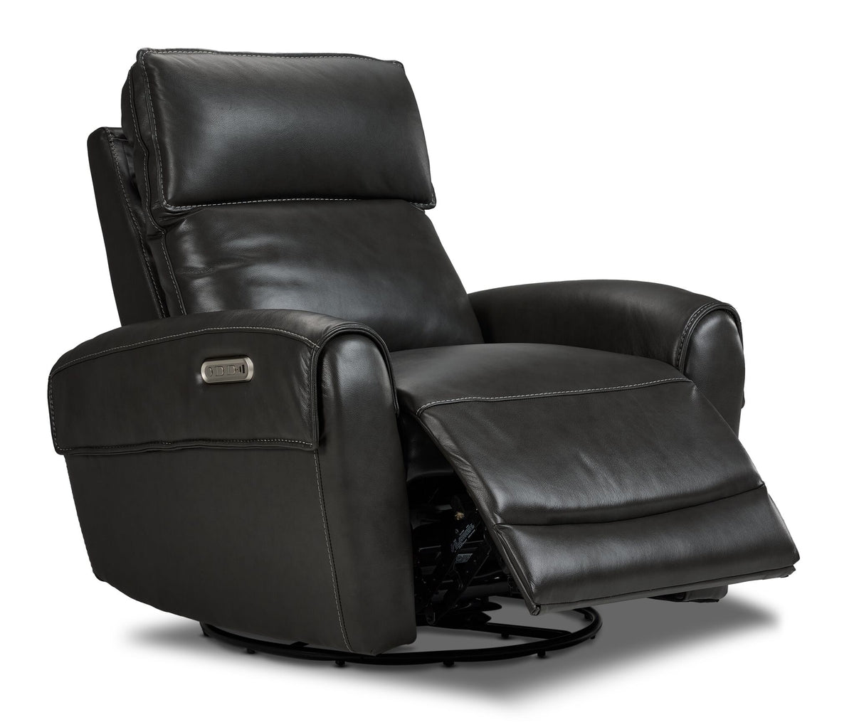Theo Leather Dual Power Rocker Recliner - Charcoal shown at an angle with reclining footrest extended and rocker base visible