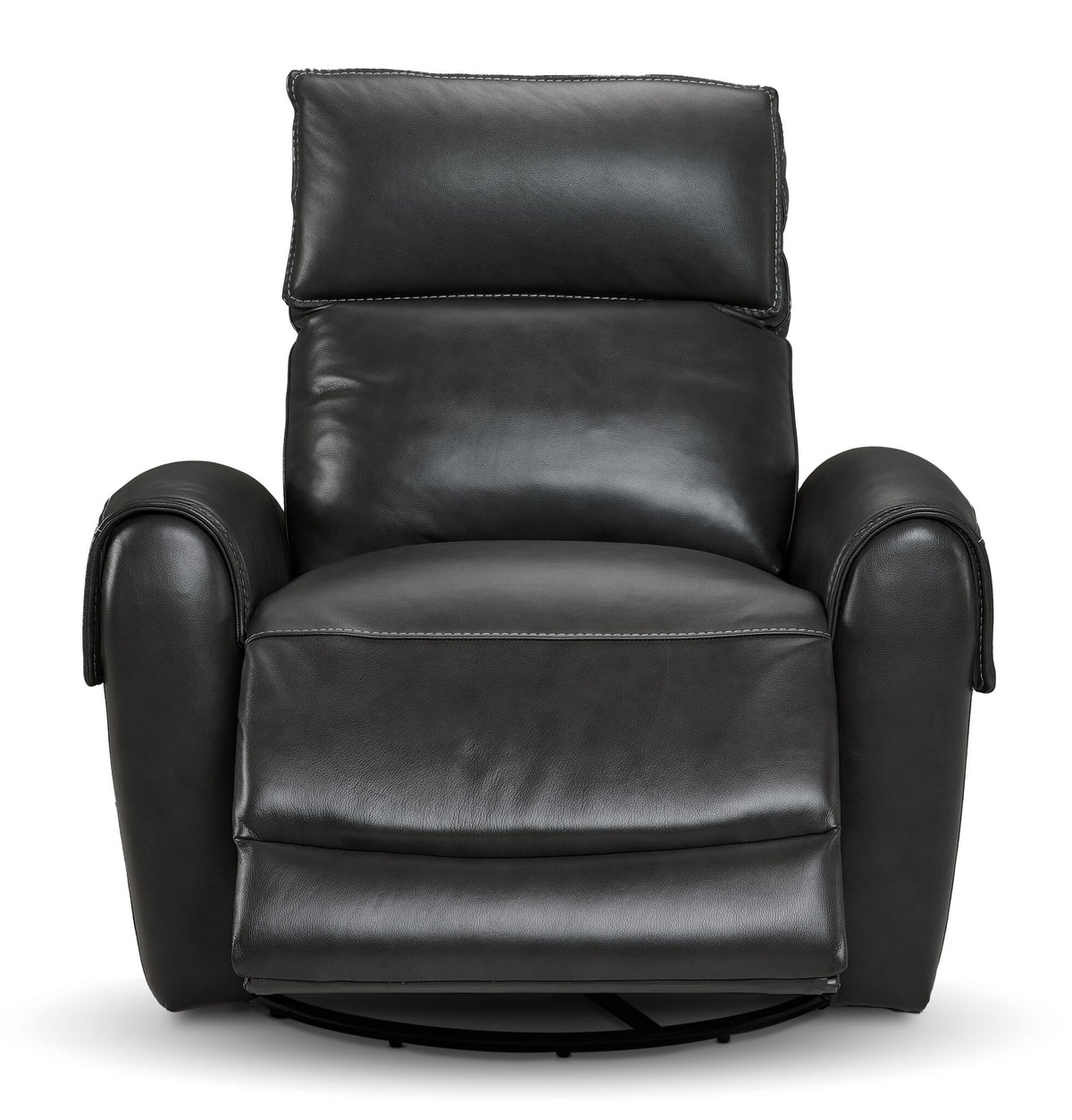 Theo Leather Dual Power Rocker Recliner - Charcoal front view with reclining footrest extended and cushioned backrest