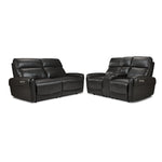Theo Leather Dual Power Reclining Sofa and Loveseat Set - Charcoal with padded headrests, curved arms and centre console on the loveseat