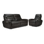 Theo Leather Dual Power Reclining Sofa and Rocker Recliner Set - Charcoal with padded headrests, curved arms and power controls