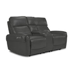 Theo Leather Dual Power Reclining Loveseat with Console - Granite shown at an angle with plush cushions, padded arms and centre console