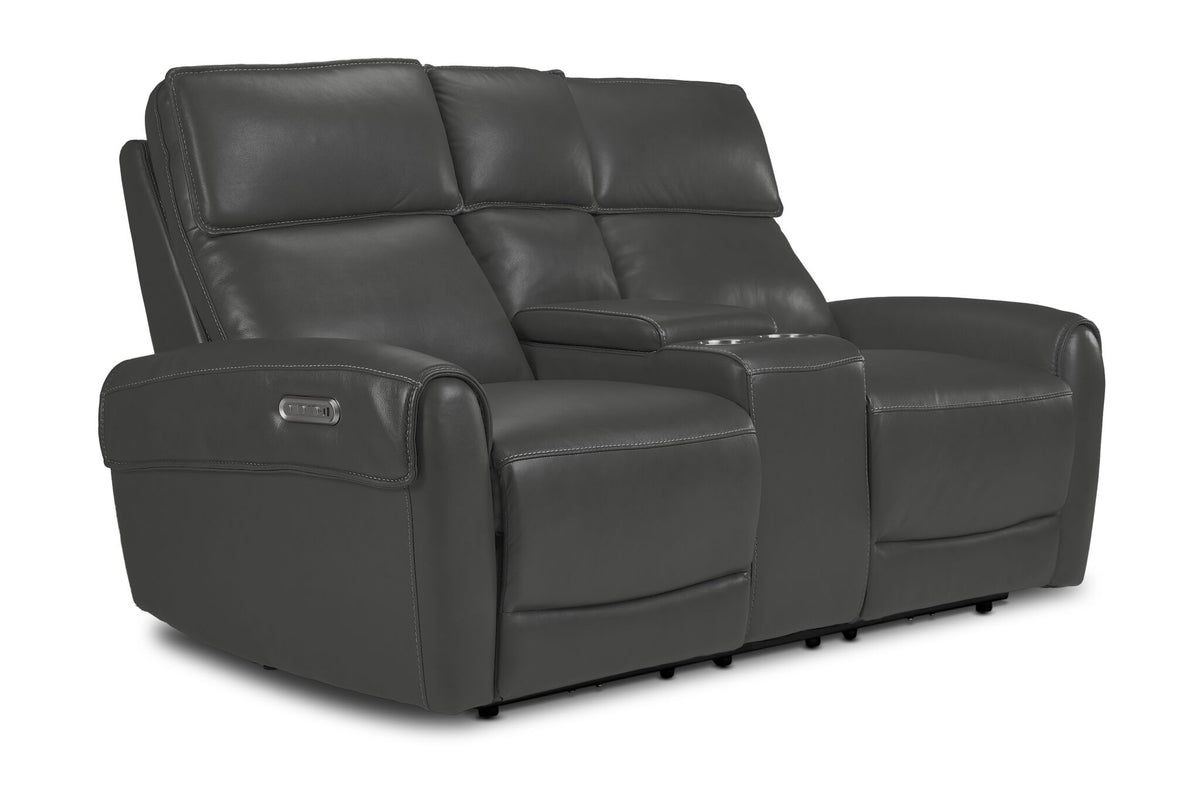 Theo Leather Dual Power Reclining Loveseat with Console - Granite shown at an angle with plush cushions, padded arms and centre console