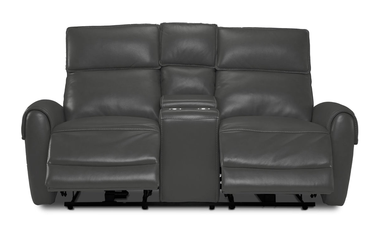 Theo Leather Dual Power Reclining Loveseat with Console - Granite front view with both reclining footrests extended and centre console