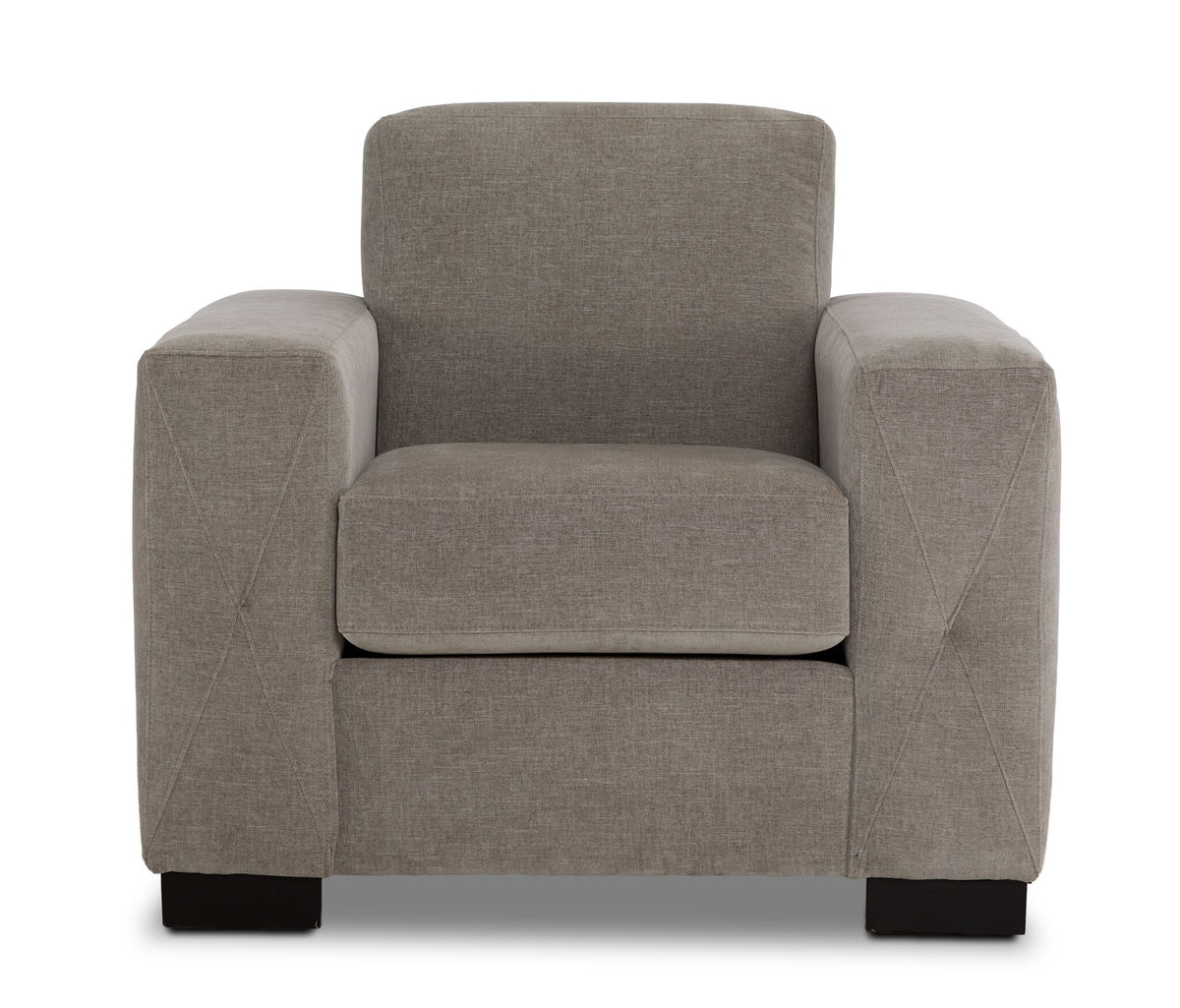 Valetta Chair - Wheat front view with single seat cushion, wide track arms, tall back cushion and dark block feet
