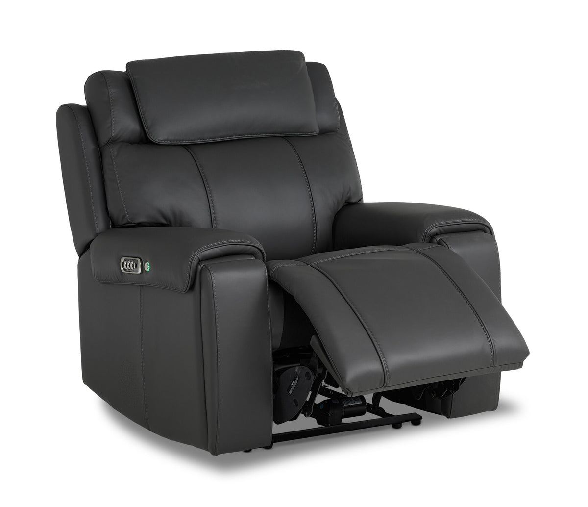 Velocity dark grey home theatre recliner angled view with power footrest extended and padded headrest