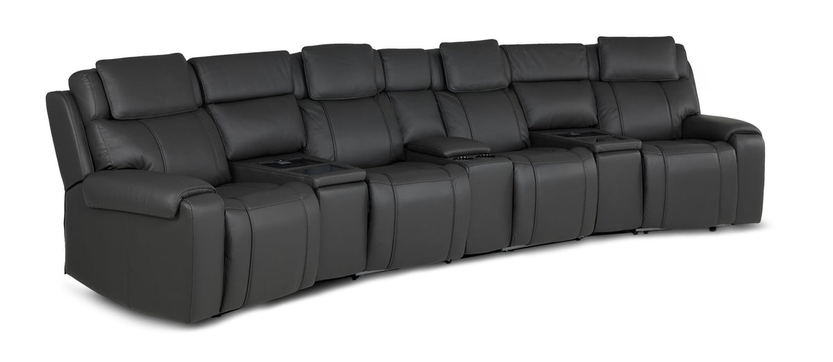 Velocity 7-Piece Leather Power Reclining Home Theatre Seating - Dark Grey with three consoles and padded headrests