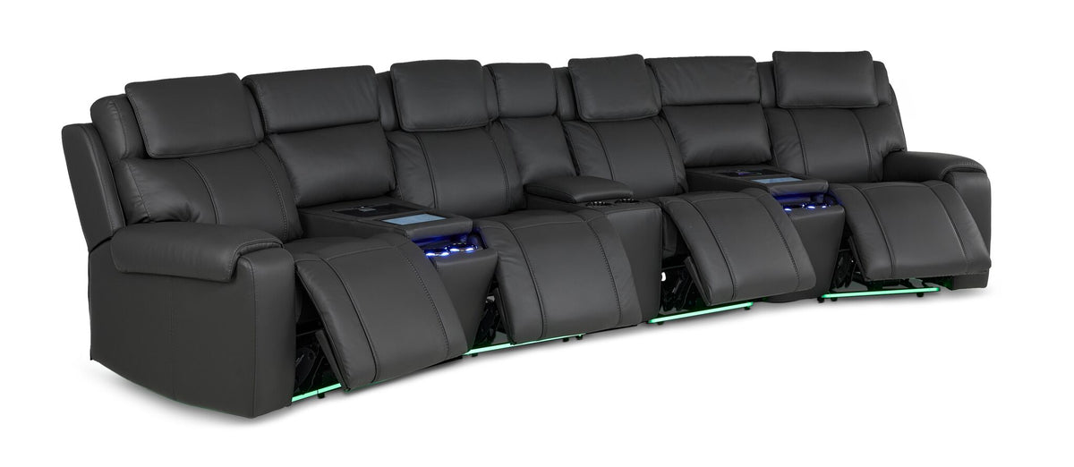 Velocity dark grey home theatre seating with power footrests extended and illuminated consoles and base lighting