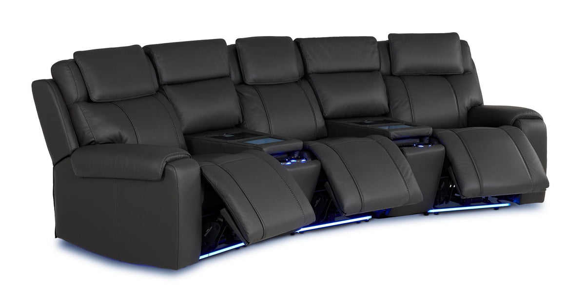 Velocity dark grey home theatre seating with three power footrests extended, illuminated cupholders and base lighting