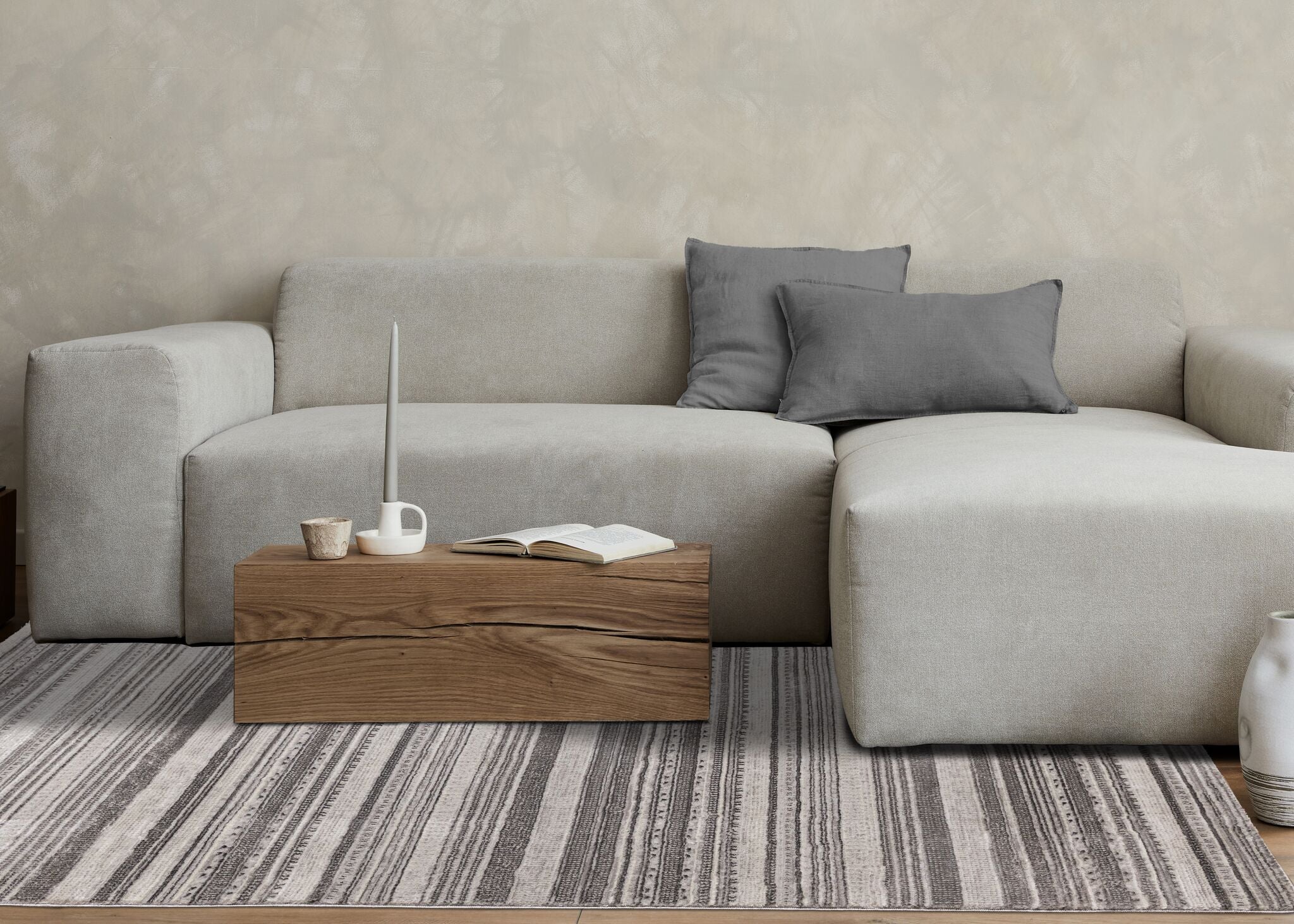 Zola 6'7" x 9'6" Patterned Rows Area Rug - Grey, White, Black